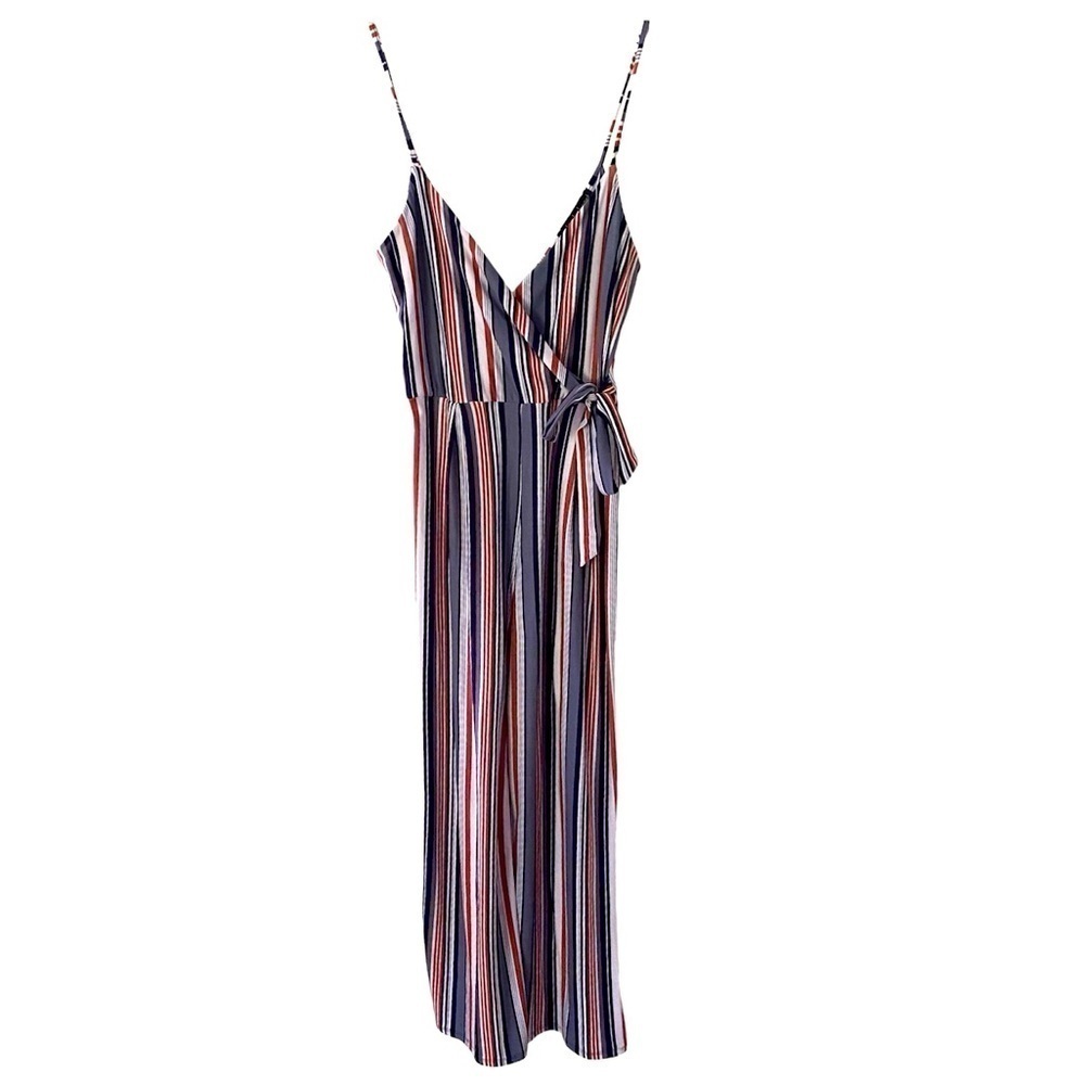 DEREK HEART Jumpsuit Sleeveless Crossover V-Neck Stripe Blue Rust White Women L
